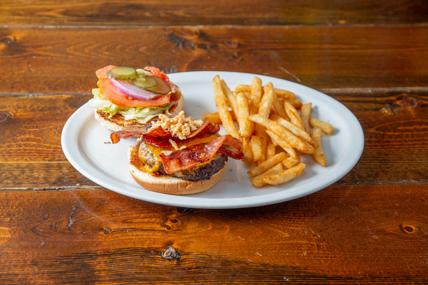 Wychwood burger stacked high with crispy fries